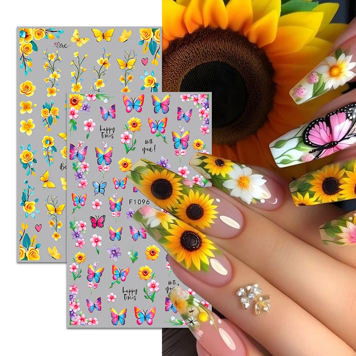 A hand displays fingernails decorated with colorful flower and butterfly nail stickers for DIY decoration.