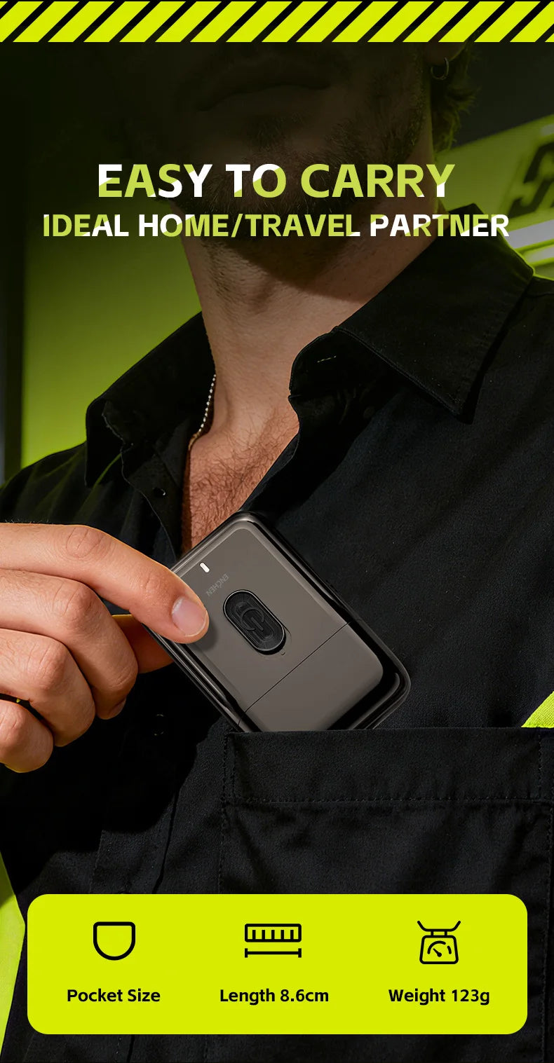 A hand holds a compact foil shaver in a black shirt, with text indicating its ease of carrying and suitability as a home or t