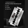 A silver double edge razor blade with text indicating safe sharp and smooth qualities.