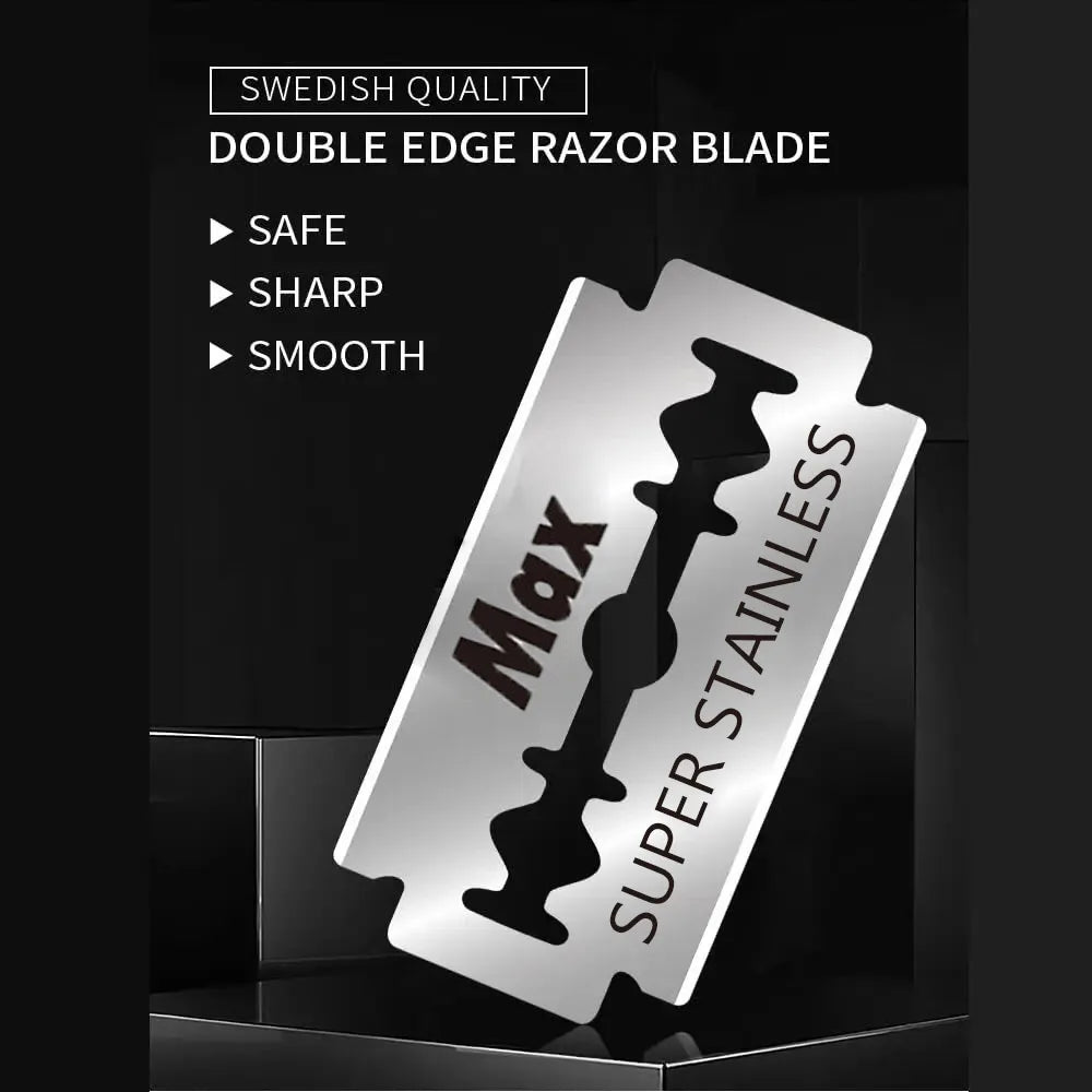 A silver double edge razor blade with text indicating safe sharp and smooth qualities.