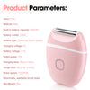 A pink electric mini shaver with a metal head is shown next to product parameters.