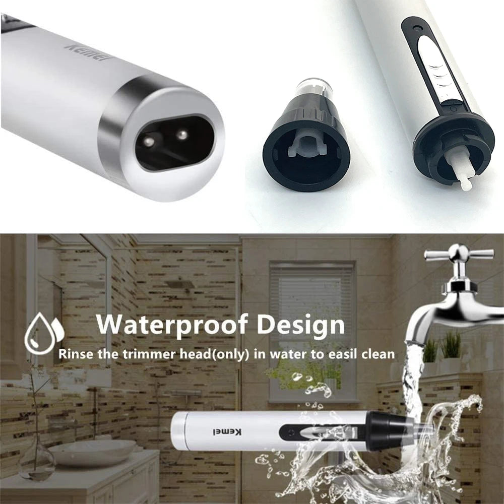 Weiße Kemei-Ladeglitz-Trimmer wird zur einfachen Reinigung unter Wasser gespült.