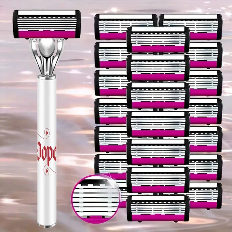 A set of pink and black electric razors, including a handle and multiple detachable heads.