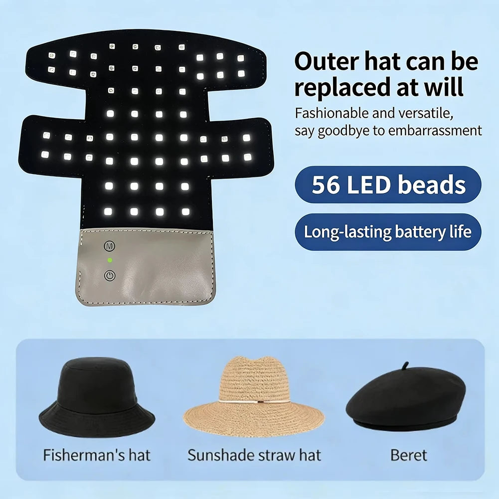 Black LED headband with an outer hat replacement for scalp massage