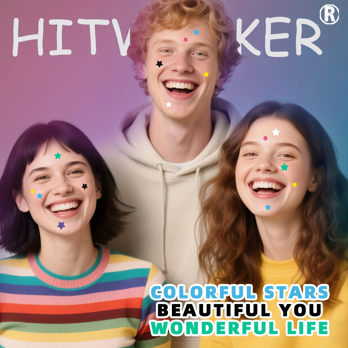 Trois jeunes souriants avec des étoiles colorées sur le visage, faisant la promotion du kit de pansements pour l'acné hydroco