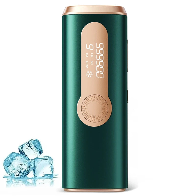 A vertical shot of a green IPL hair removal device with a rose gold accent, next to ice cubes.
