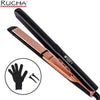 Plancha y rizador de cabello profesional de cerámica en negro y oro rosa.