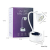 A white UV LED nail lamp device with a light head and base is shown next to its packaging box.