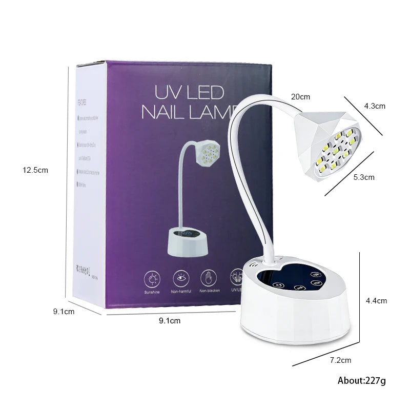 A white UV LED nail lamp device with a light head and base is shown next to its packaging box.