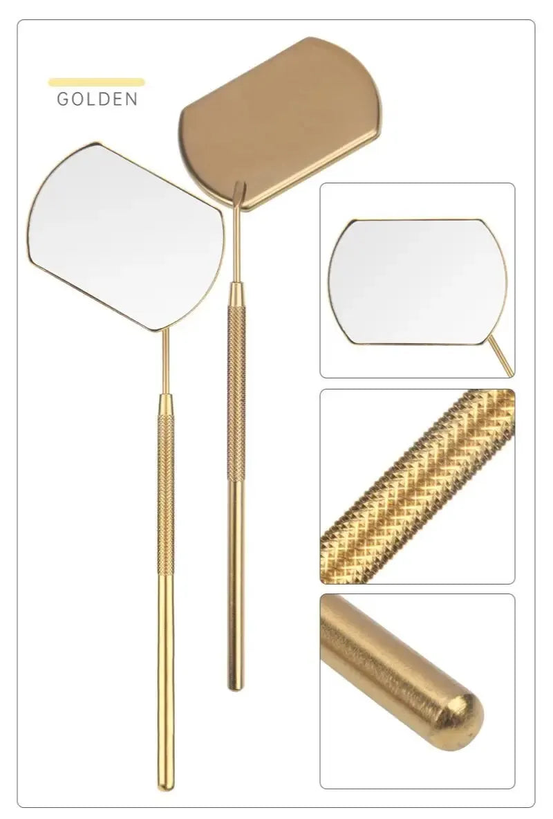Golden professional stainless steel lash extension mirror set with a handle and reflective surface.