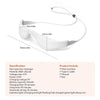 White eye massager device shown with specifications and included components