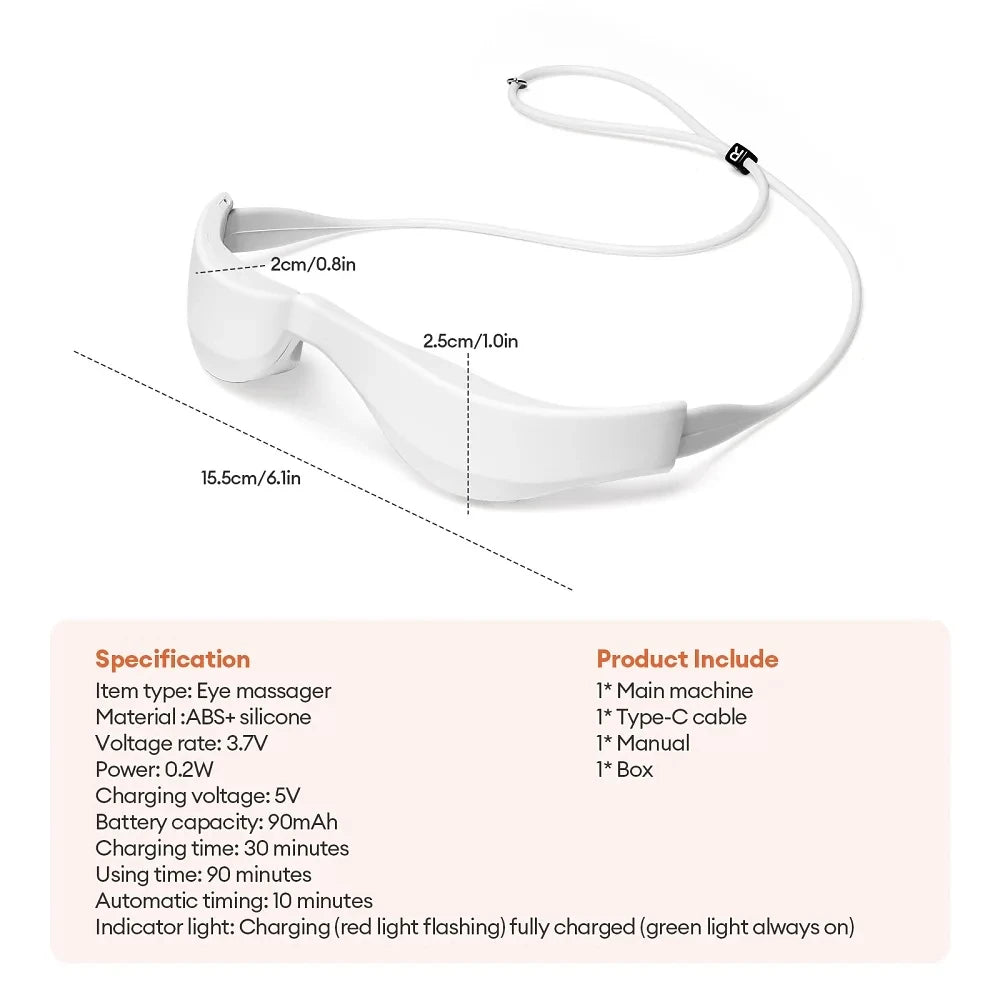 Dispositivo masajeador ocular 3D EMS blanco con dimensiones y componentes incluidos.