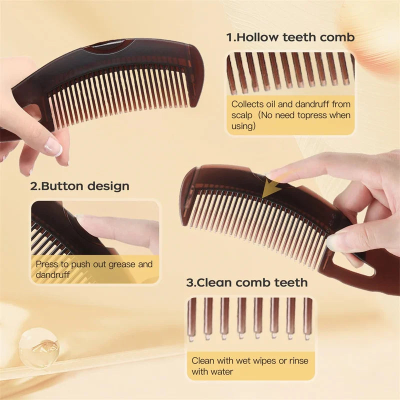 A brown comb is shown with features for collecting oil and dandruff, a button design, and cleanable teeth.