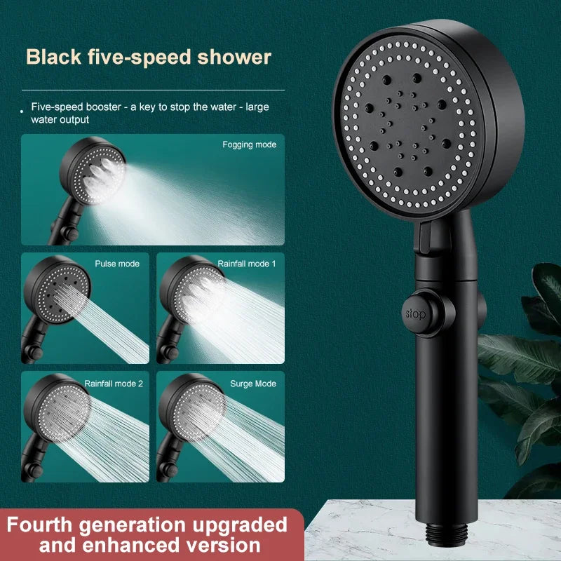 Black five-speed shower head with various spray modes shown next to the product.
