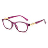 A pair of purple progressive multifocal reading glasses with gold accents.