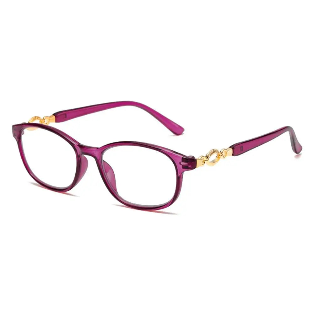 A pair of purple progressive multifocal reading glasses with gold accents.
