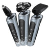 A set of three silver electric shavers with black heads and grips shown against a white background.