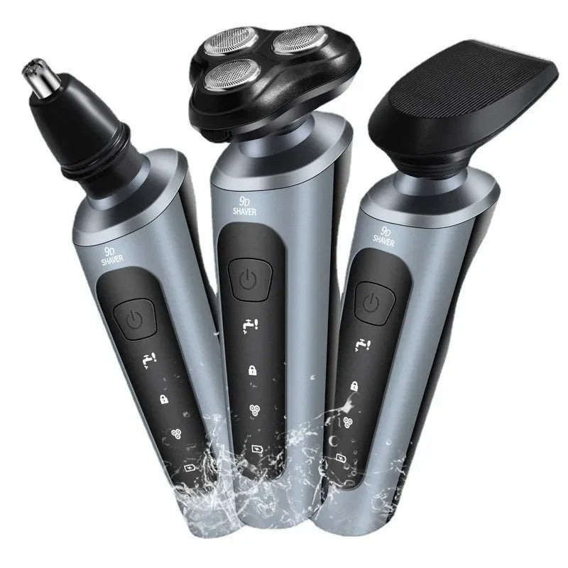 A set of three silver electric shavers with black heads and grips shown against a white background.