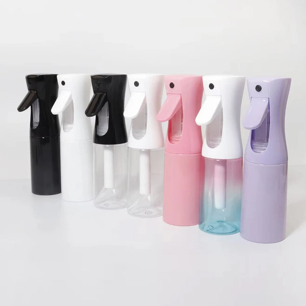 A row of ten 200ml continuous fine mist spray bottles for hair and wigs in various pastel colors.