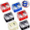 A set of dual pencil sharpeners in red, blue, and clear plastic for cosmetics and art supplies.