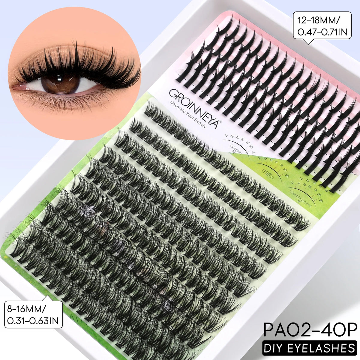 A package of black DIY spiky lash clusters for bold extensions with measurements listed.