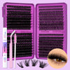 A purple box containing a DIY cluster lashes kit with a pink tool and several individual lash extensions.