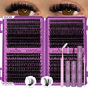 A close-up of a DIY eyelash cluster kit showing various lash lengths and a model's eye with long lashes.