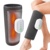 A cordless heated calf and knee massager device with a gray pad and a white control unit is shown on a leg.