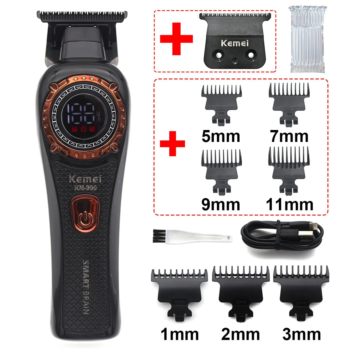 A black Kemei smart brain cordless hair trimmer with various guard attachments and accessories.