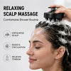 A woman is receiving a relaxing scalp massage with a black silicone tool on her hair during a shower routine.