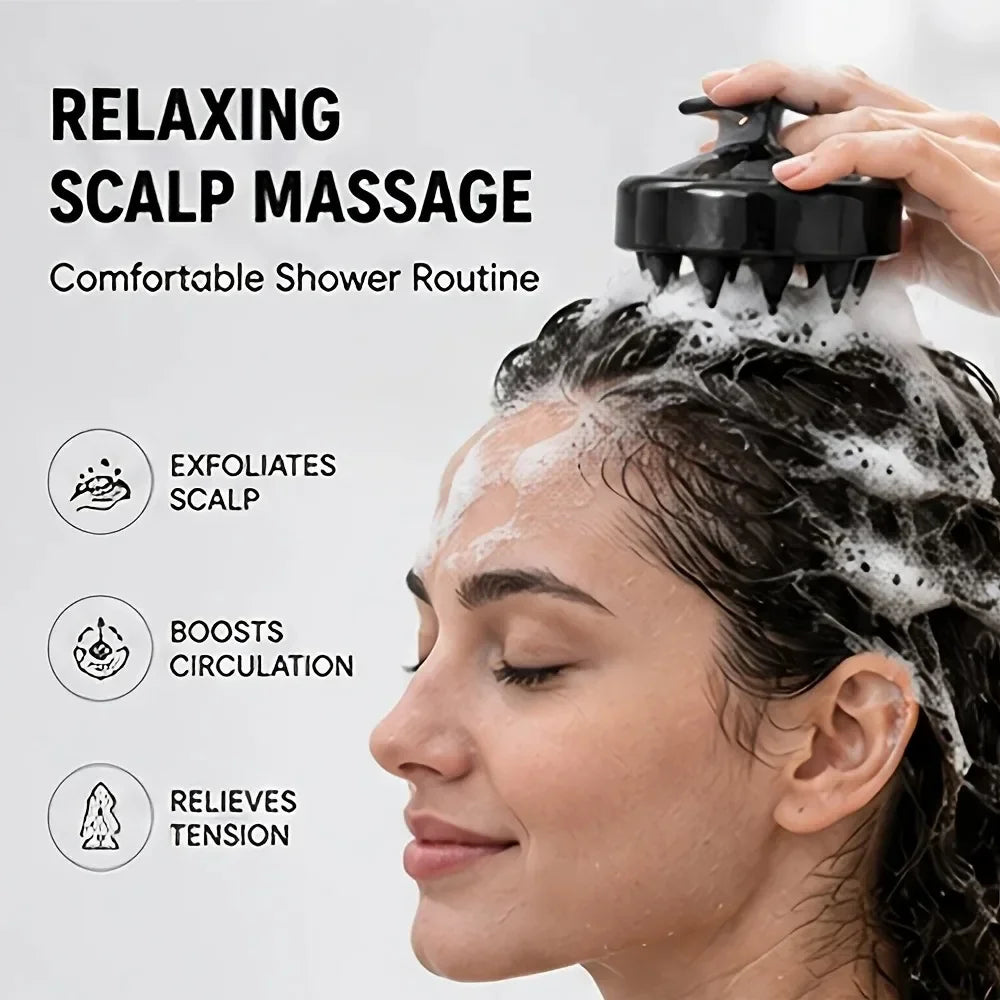 A woman is receiving a relaxing scalp massage with a black silicone tool on her hair during a shower routine.