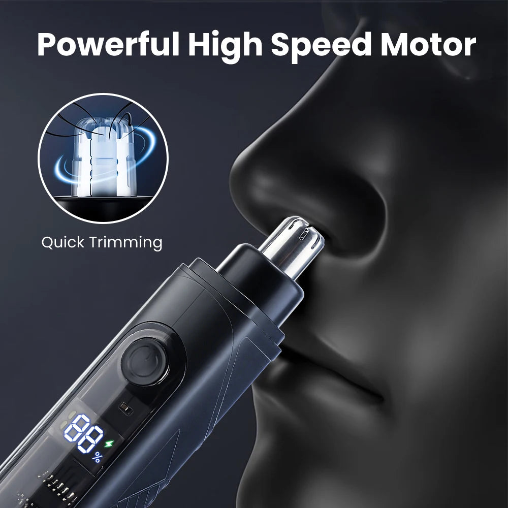 A close-up of a portable electric nose and ear hair trimmer being used on a person's face.