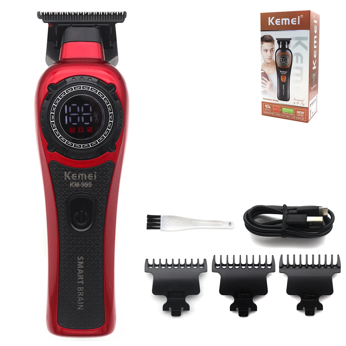 Red Kemei Smart Brain cordless hair trimmer with LED display and multiple guard attachments