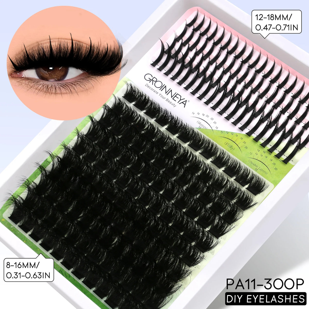 A package of black DIY spiky eyelash clusters for bold extensions, showing various lash lengths and a close-up of the finishe