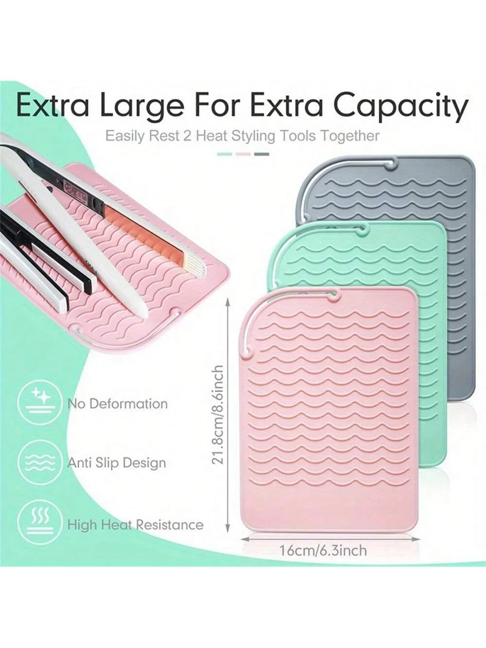 Pink and green silicone mats designed to safely rest two heat styling tools together for extra capacity