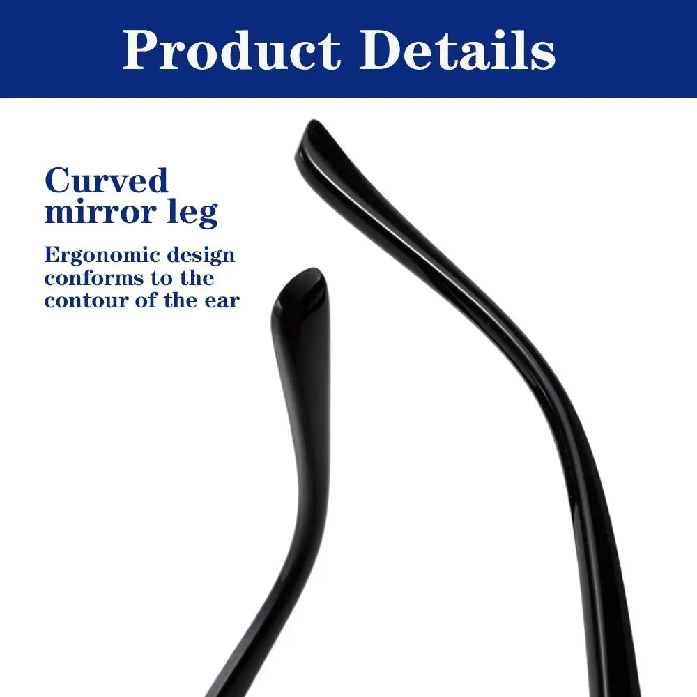 Close-up view of a black curved mirror leg for progressive multifocal reading glasses
