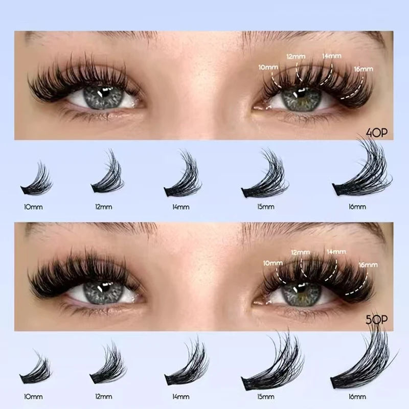 A set of DIY lash extensions showing various lengths from 10mm to 16mm on an eye model.