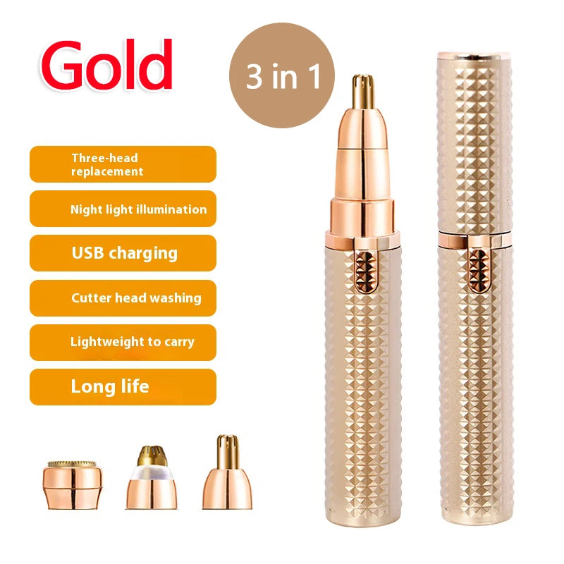 A gold 3-in-1 facial and body hair removal device shown with replacement heads and the main unit.