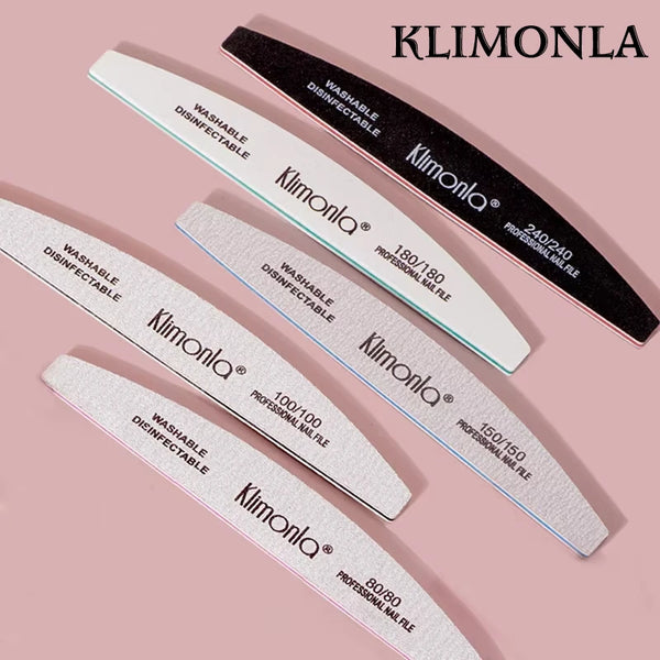A set of Klimonla professional nail files with various grits, including 80/80 to 240/240.