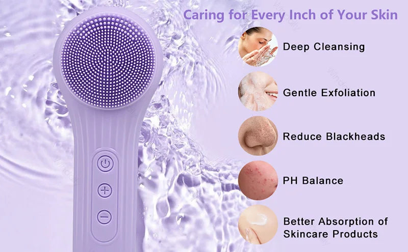A purple sonic facial cleansing brush is shown with various skin benefits listed next to it.