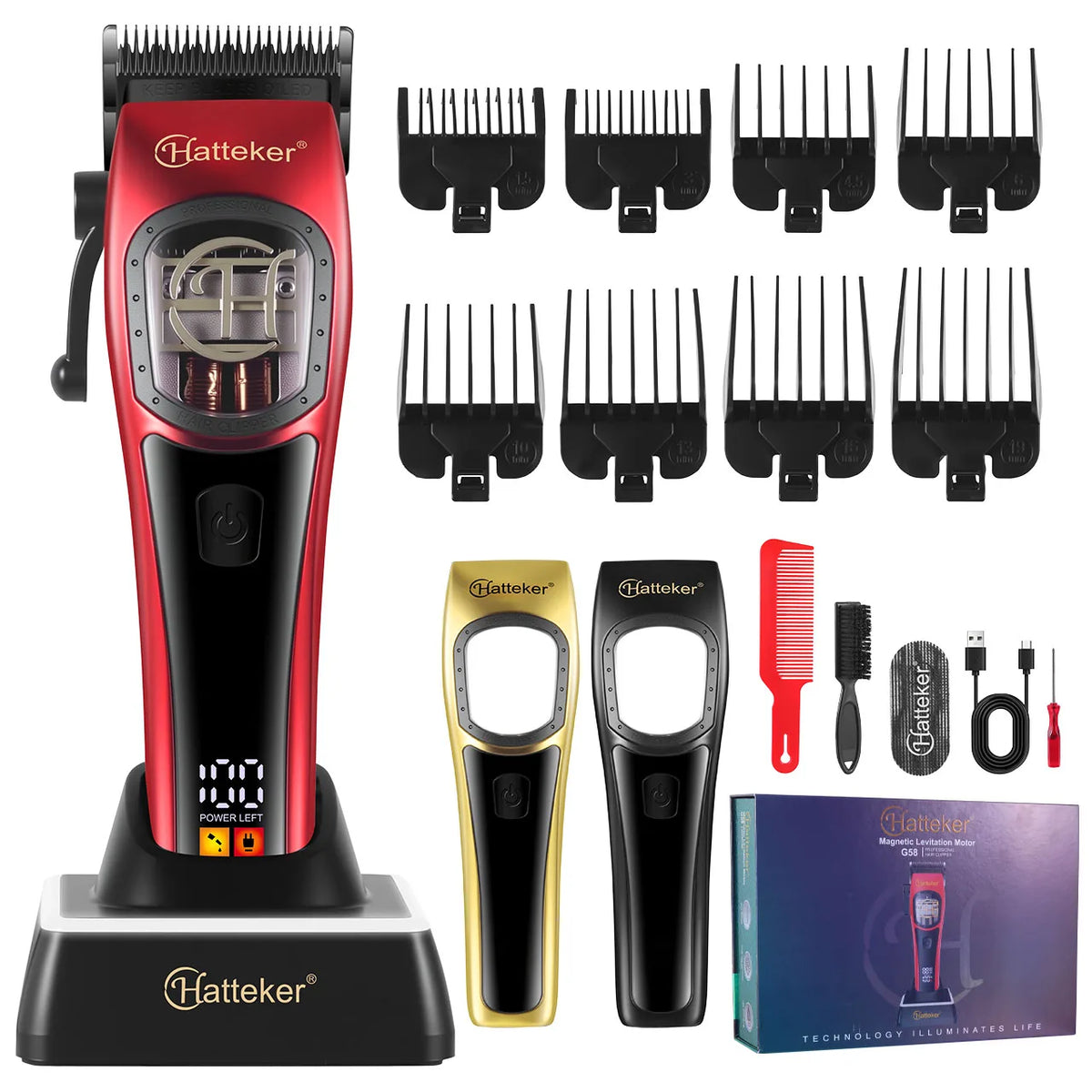 A collection of Hatteker electric shavers and grooming tools including a main shaver, razors, and combs.