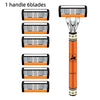 A set of six-blade manual razors with lubricating strips shown vertically, featuring orange and black handles.