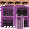 A set of DIY eyelash cluster kits shown with various lash lengths and density, including 50D, 60D, 80D, and 100D.