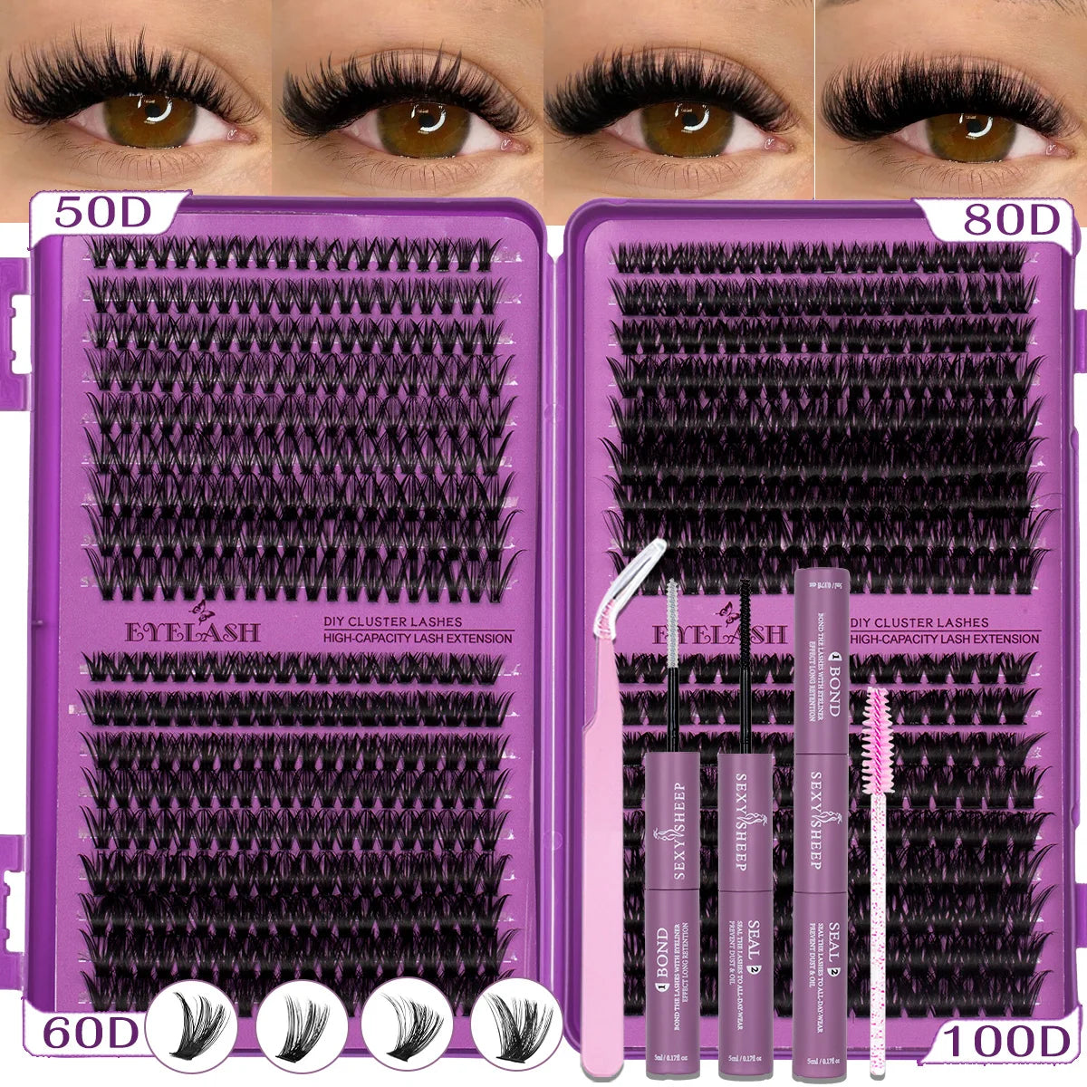 A set of DIY eyelash cluster kits shown with various lash lengths and density, including 50D, 60D, 80D, and 100D.