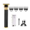 A cordless hair grooming kit with interchangeable guards of various sizes and a professional grooming tool.
