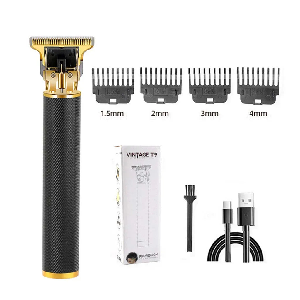 A cordless hair grooming kit with interchangeable guards of various sizes and a professional grooming tool.