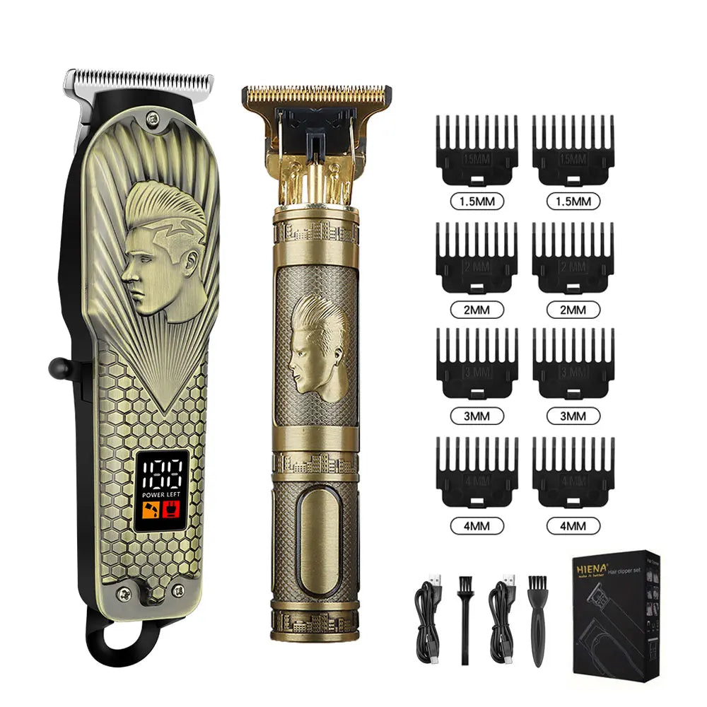 A set of electric hair clippers and grooming tools including a main clipper, guards, and combs.