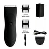 A black professional body and personal hair trimmer with multiple guide combs and a detachable trimmer head.