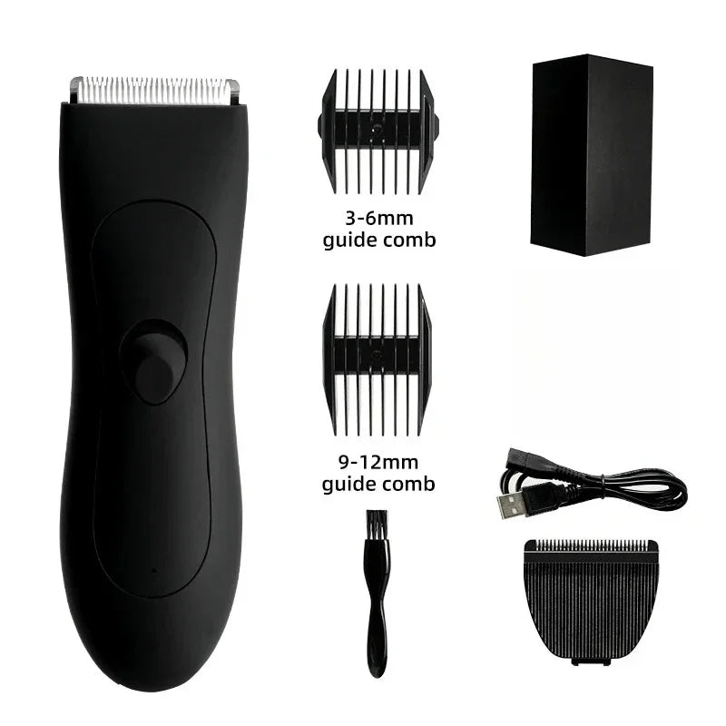 A black professional body and personal hair trimmer with multiple guide combs and a detachable trimmer head.