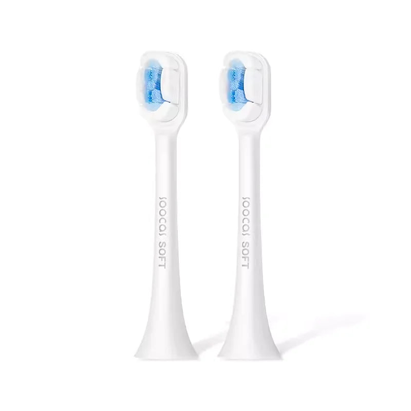 Two white precision replacement brush heads for sonic toothbrushes with blue accents